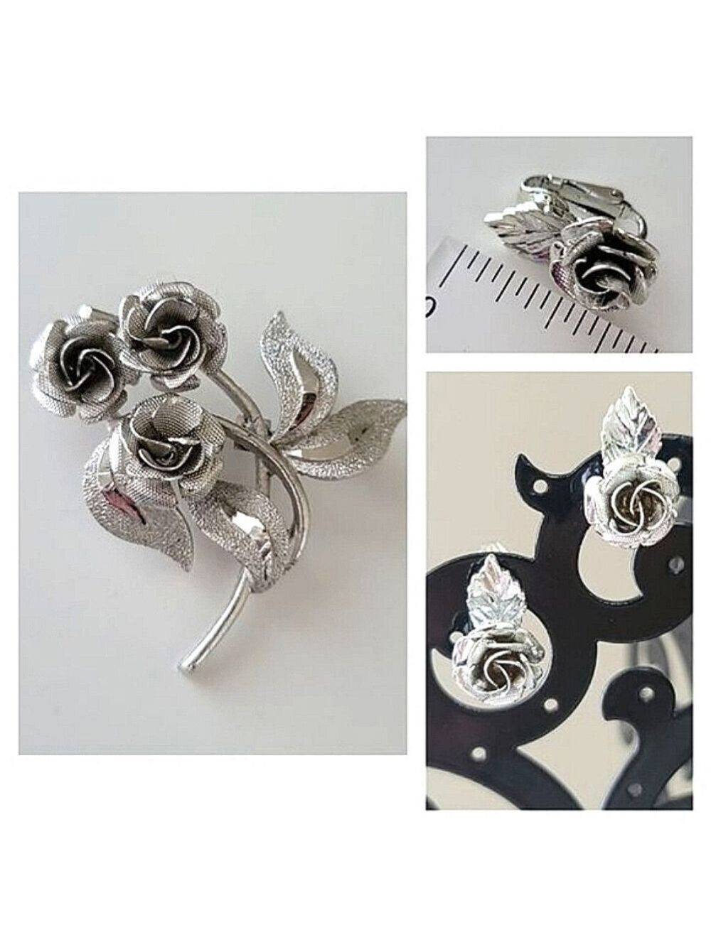 Silver Tone Rose Brooch & Clip On Earrings #0140